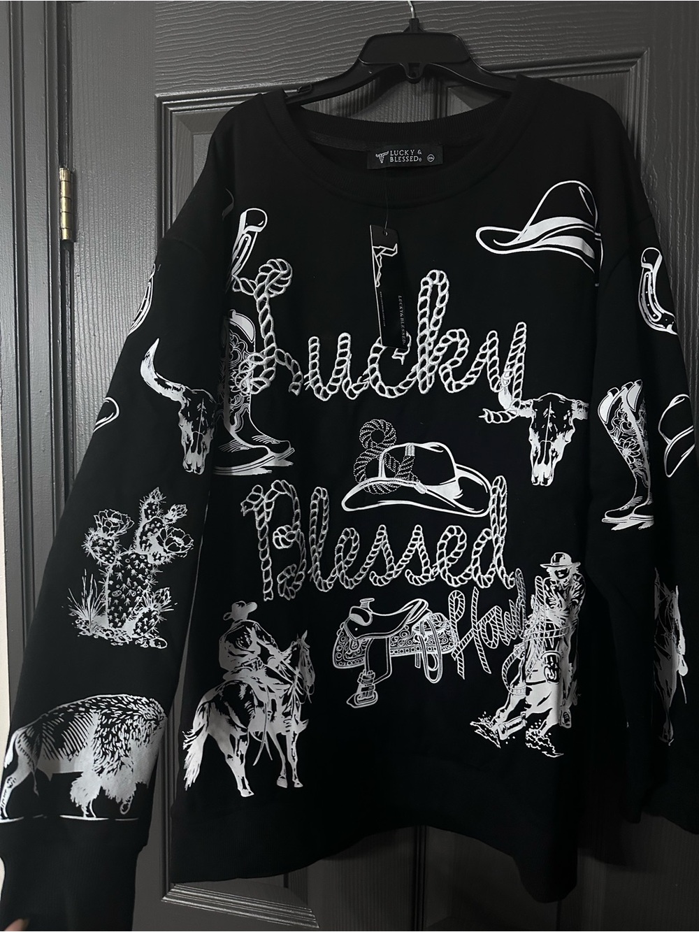 2X Lucky & Blessed Black Western Graphic Crewneck Sweater